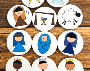 Birth of Jesus Story Tokens on Wooden Discs, Creche Images for Church Groups, Nativity Story Starters, Christmas Story, Manger Scene