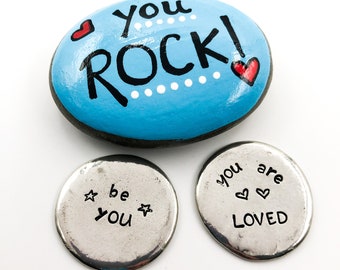 Birthday Treasure Box Gift Set: Painted Rock & Pewter Pocket Coins