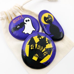Halloween Painted Rock Set: Ghost, Cat, Haunted House (3 rocks)