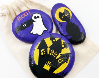 Halloween Painted Rock Set: Ghost, Cat, Haunted House (3 rocks)