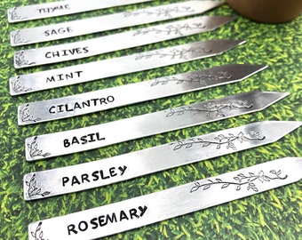 Herb Garden Markers in Hand Stamped Aluminum, Gift for Gardener, Flower Garden Tags, Hand-Stamped Metal Garden Markers, Garden Club Gift