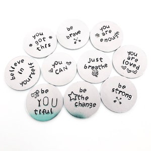 Pocket Coins with Custom Words of Encouragement, Set of 10 Custom Affirmation Tokens, Hand Stamped Pocket Coin, Recovery Gift, Support Group image 1