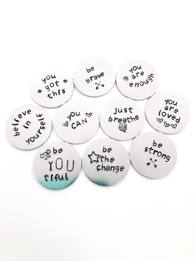 Pocket Coins with Custom Words of Encouragement, Set of 10 Custom Affirmation Tokens, Hand Stamped Pocket Coin, Recovery Gift, Support Group image 1