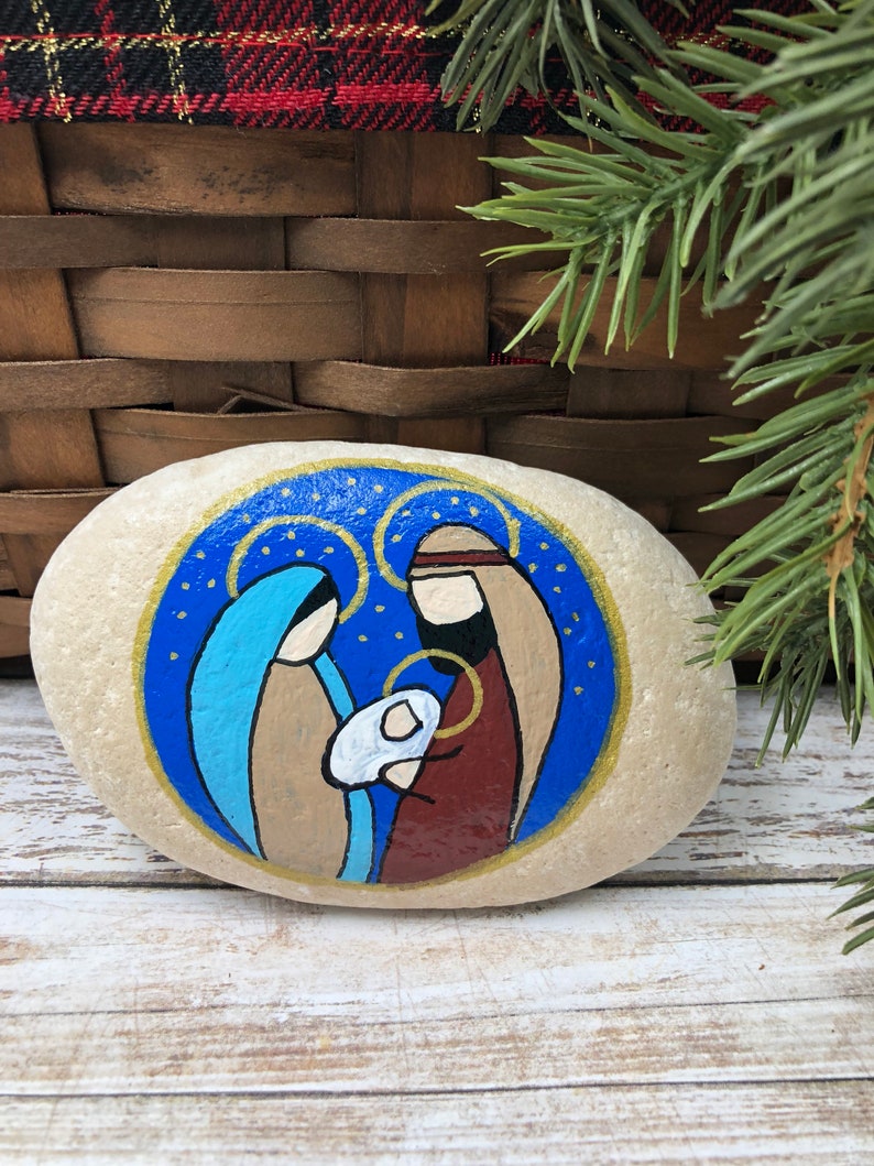 Holy Family Nativity Paperweight, Nativity Rock, Christmas Nativity Painting, Hand Painted Rock, Birth of Jesus Painted Rock, Manger Scene image 1