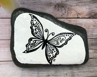 Butterfly Painted Rock, Mother's Day Gift, Black and White butterfly painted stone, Easter Gift, Moths and Butterflies Painted Stone