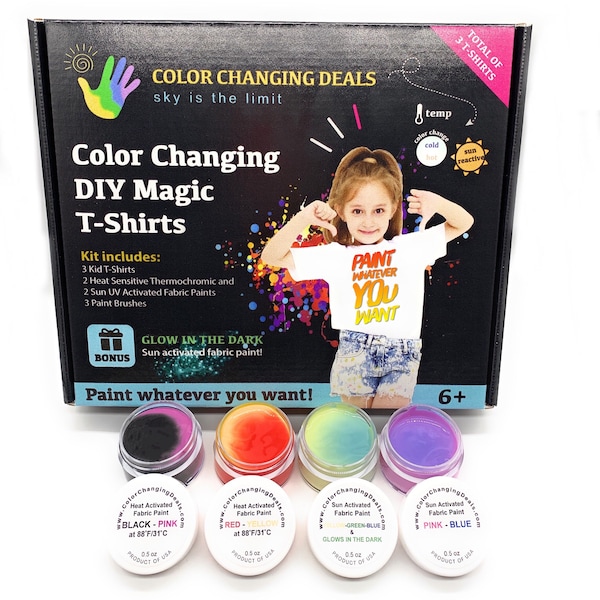 DIY Color Changing T-Shirts Kit Heat Sensitive and Sun Activated Paints included Best Birthday Gift for all kids who love Art & Crafts