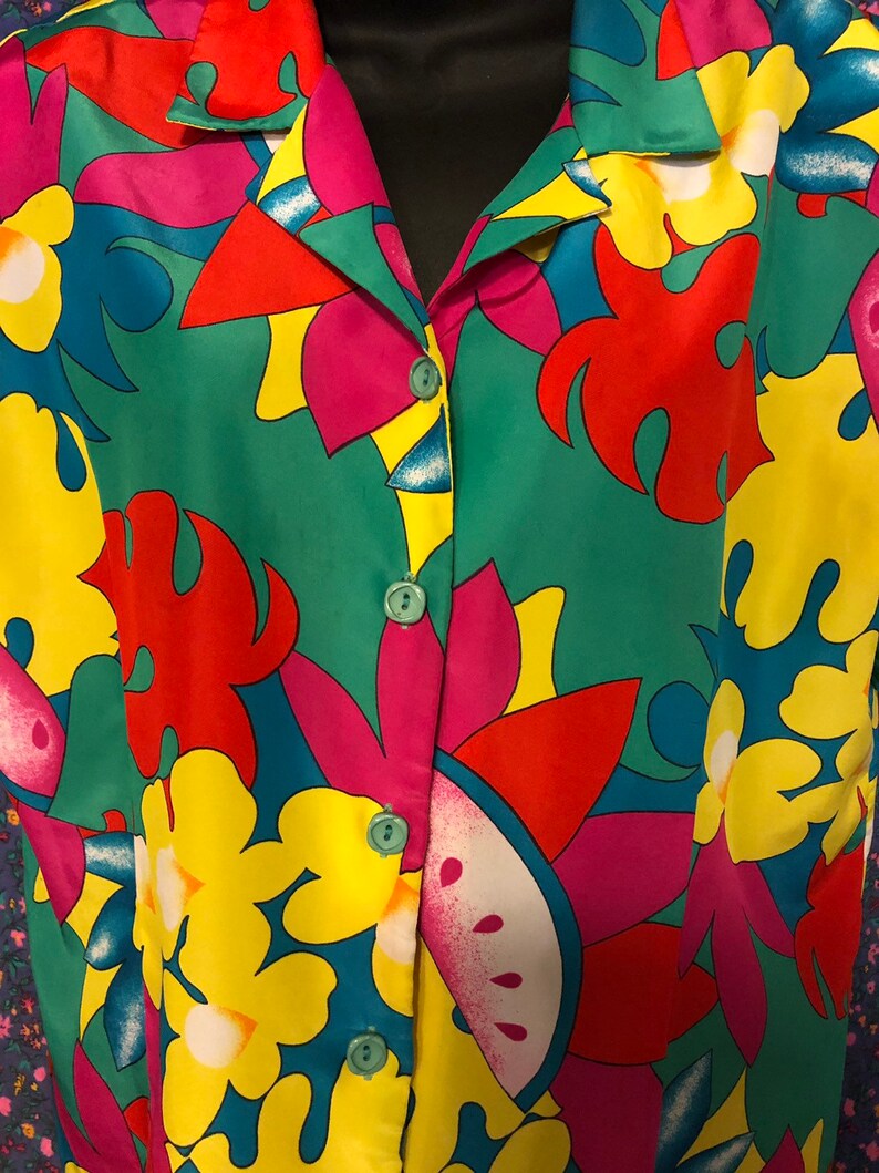 Retro Greenmulticolour WatermelonFloralPalm Leaf Short Sleeve Blouse