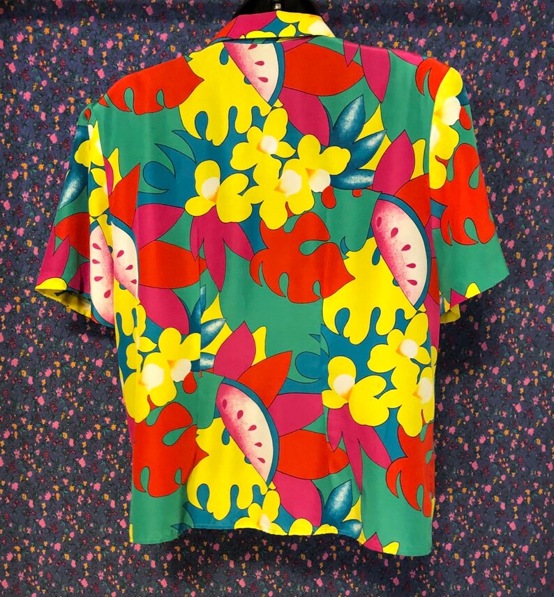 Retro Greenmulticolour WatermelonFloralPalm Leaf Short Sleeve Blouse