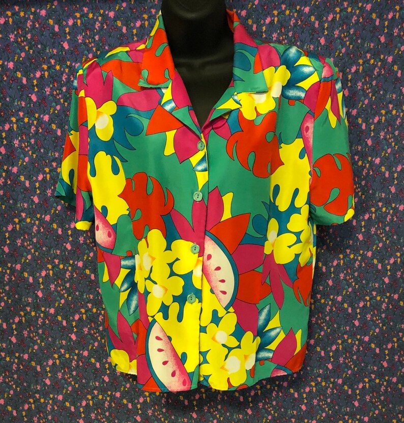 Retro Greenmulticolour WatermelonFloralPalm Leaf Short Sleeve Blouse