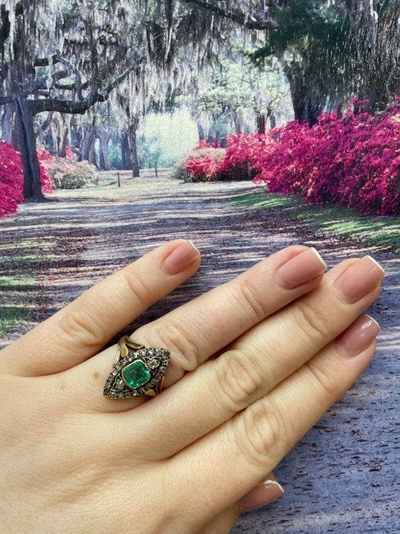 14k Vintage Yellow Gold Antique Emerald & Diamond… - image 4