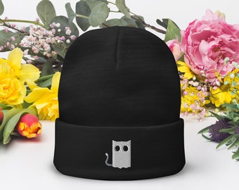 Ghost Kitty Embroidered Beanie
