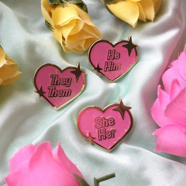 Sparkly Heart Pronoun Enamel Pins