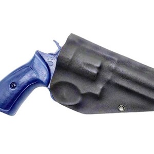 May include: A blue revolver with a black leather holster. The holster has a snap closure and a metal eyelet.
