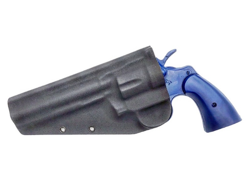 May include: A black leather holster with a blue revolver inside. The holster has three metal eyelets on the bottom.