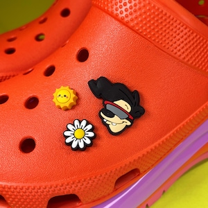 May include: Orange clogs with three colorful shoe charms: a yellow sun with a smiley face, a white daisy, and a black cartoon character wearing sunglasses.