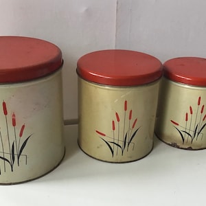 Vintage Tin Canister Set of Four  White Nesting Tins with Retro Red Lids 1950s Vintage Accent Kitchen Countertop Decor