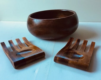 Vintage Retro Wood  Bowl With Wood Forks