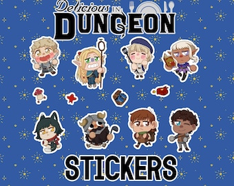 May include: A set of 10 colorful stickers featuring characters from the anime "Delicious in Dungeon". The stickers are on a blue background with white stars. The text "Delicious in Dungeon Stickers" is at the bottom of the image.