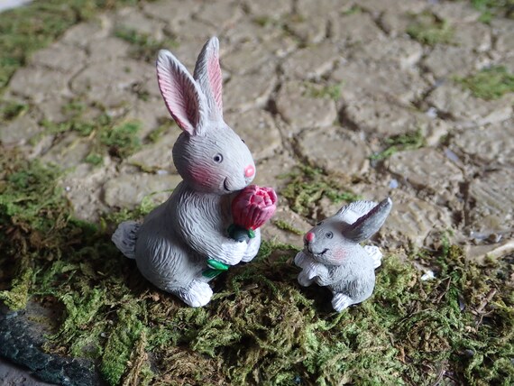 Miniature Dollhouse FAIRY GARDEN ~ Bunny Rabbit Figurine Nose to Nose ~ NEW