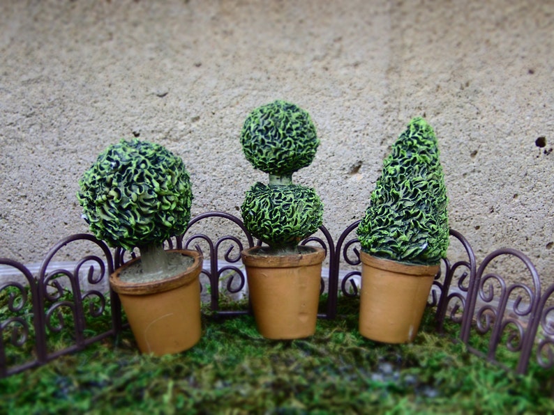 Miniature Dollhouse FAIRY GARDEN Terrarium ~ 4 TINY Round Topiary Bush Picks