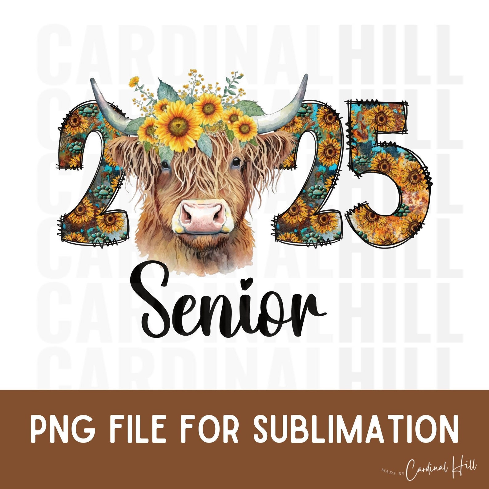 Senior 2025, Sunflower Cow Png, Sublimation Design, Western Senior Png