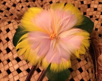 Yellow & Pink Hibiscus Feather Flower 2 Prong Wooden Hair Pick,Hibiscus Flower Hair Pick,Feather Flower Hair Pick,Hawaiian Wear,Aloha Wear