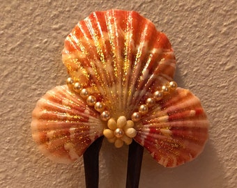 Scallop Shell 2 Prong Hair Pick,Wooden 2 Prong Hair Picks,Scallop Shells,Giller Shells,Yellow Mongo Shells,Champagne Pearls,Up-Do,Statement