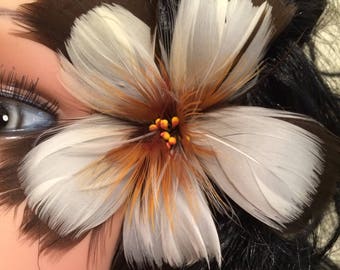 Brown Natural Pheasant Eyelash Feather Hibiscus Ear Pick,Feather Flowers,Feather Hibiscus Flower Ear Pick,Brown Hibiscus,Cream Hibiscus