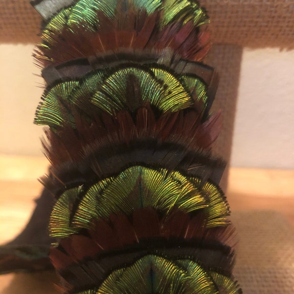 25" Length  X 1  3/4 " Width Peacock/Pheasant/Turkey Iridescent Feather Hat Band,Hand Made In Maui,Hawaiian Feather Art,Feather Hat Lei Po'o