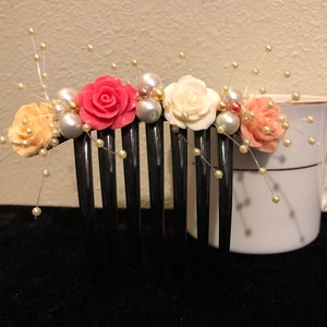 Peine francés de cabujón de rosa nupcial, accesorio de dama de honor, peine de cabello antiguo, pieza de cabello vintage, tocado victoriano, peine de cabello francés, joyas para el cabello