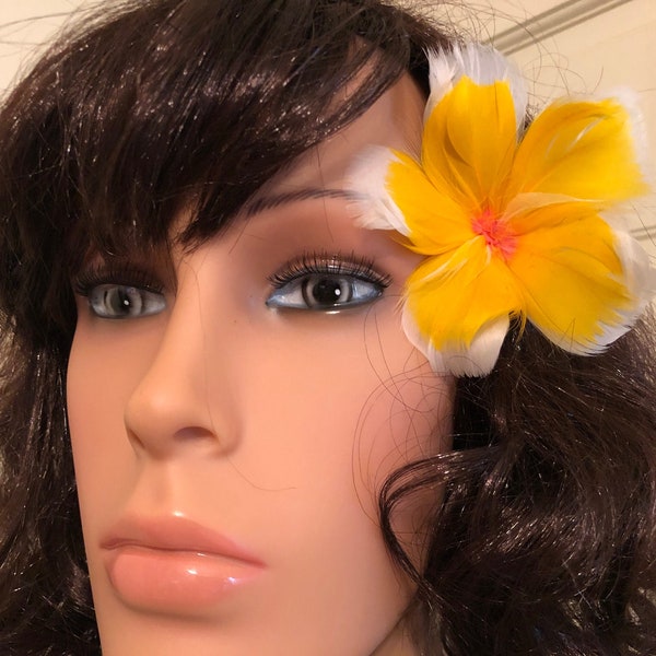 Exotic Yellow Feather Plumeria Ear Pick,Hair Trinkets,Feather Art,Hair Accessories,Hawaiian Girl,Tahitian Girl,Polynesian Girl,Hawaiian Wear