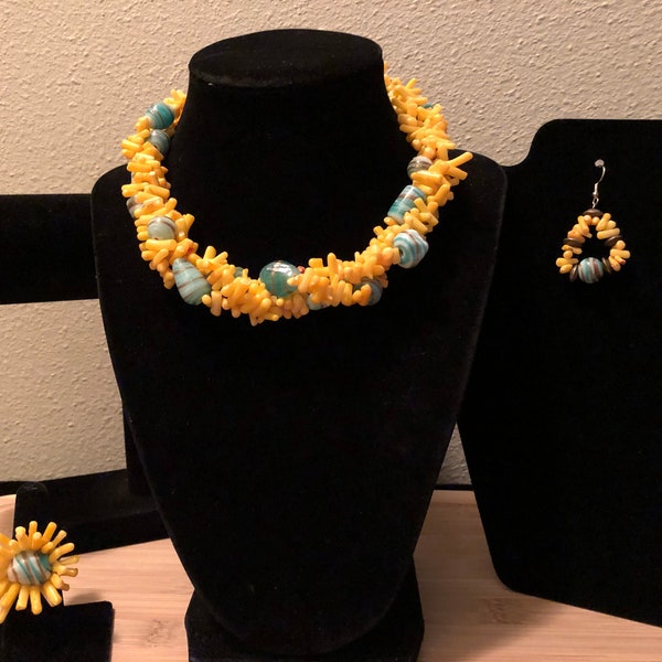 New : Yellow Coral & Turquoise Glass Bead Jewelry Set,Coral Jewels,Yellow Coral Stick Choker Jewelry Set,Ocean Coral Reef Jewels,Jewelry Set