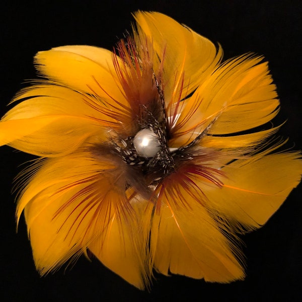 Mango Yellow Feather Flower Hair Pick,Coconut Feather Hair Pick,Hawaiian Wear,Up-Do Hair Pick,Hair Jewels,Aloha Wear,Hula Dancer,Local Girl