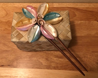 Multi-Colored Mother Of Pearl Flower Theme Hair Pick,2 Prong Wooden Hair Pick,Fashion Statement Hair Picks,Up-Do Hair Piece,Shell Accessory
