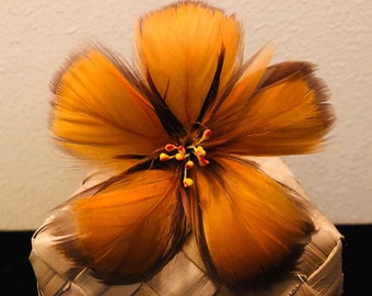 Brown/Mango Iridescent Rooster Schlappen Feather Ear Pick,Hair Trinkets,Decorative Hair Piece,Hawaiian Wear,Feather Hibiscus,Tahitian Flower