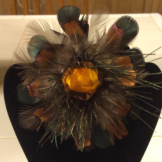 Pheasant Feather Hair Clip with Flowers Bronze Peacock Pheasant Feather Hair Clip | Burnt Orange  main image 4