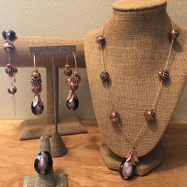 Purple Cowry Shell/Rose Gold Linked Jewelry Set,Shell & Bead Jewels,Hawaiian Jewelry,Tahitian Jewelry,Polynesian Jewels,Eclectic Jewels,Bead