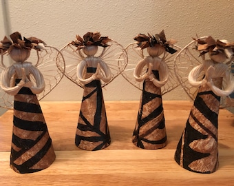Abaca Tapa Angels Set Of 4 6.25&quot;,Christmas Ornaments,Polynesian Angel Set,Tapa Angels,Christmas Decorations,Tree Ornaments,Hand Crafted