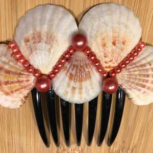 Puede incluir: Un peine de pelo negro con tres conchas grandes unidas a la parte superior. Las conchas están decoradas con cuentas y perlas de color coral.