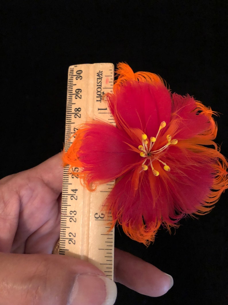 May include: A red and orange feather flower measuring approximately 7.5 cm in diameter. The flower has a yellow centre with small yellow stamens.