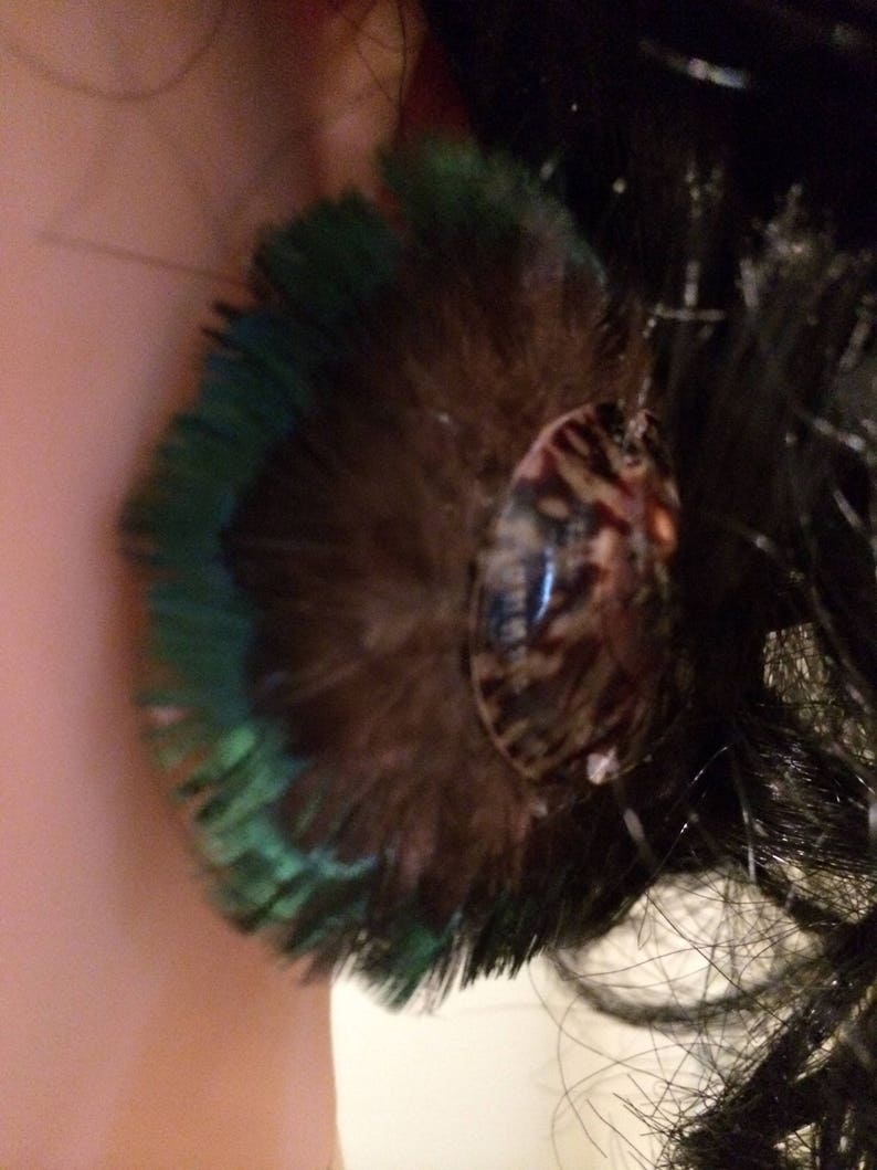Green Iridescent Pheasant Feathers W Opihi Shells Jewelry Set New