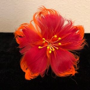 May include: A red and orange feather flower with a yellow centre. The flower is made of feathers and has a fluffy texture.