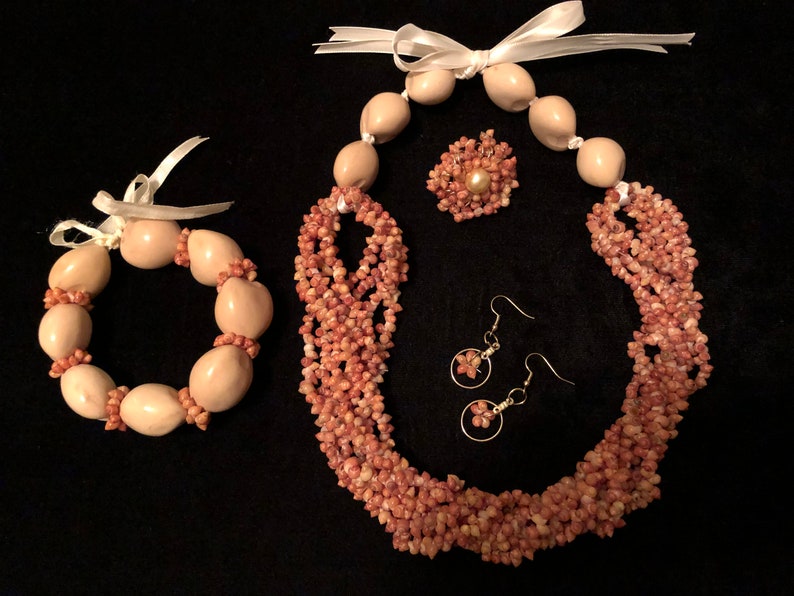 Orange Mongo /& Natural Candle Nut Shell Jewelry Set,Monarchy Jewel Set,Hawaiian Wear,Aloha Wear,Tahitian Wear,Polynesian Wear,Hawaiian Jewel