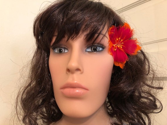 Fire Red Hibiscus Feather Flower Ear Pick,Orange Hibiscus Feather Flower,Hawaiian Style Wear,Aloha Wear,Hair Piece,Gift For Her,Wedding Wear