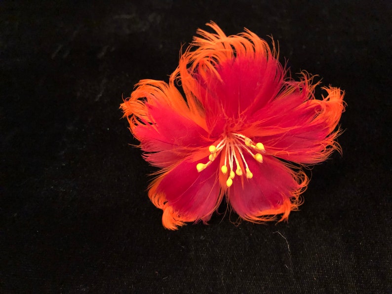 Fire Red Hibiscus Feather Flower Ear Pick,Orange Hibiscus Feather Flower,Hawaiian Style Wear,Aloha Wear,Hair Piece,Gift For Her,Wedding Wear image 4
