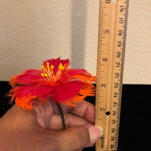May include: A red and orange feather flower with a yellow centre. The flower is approximately 7.5 cm in diameter and is held in a hand next to a ruler.