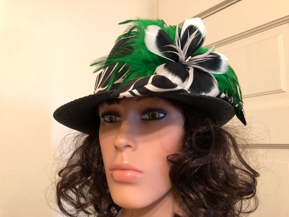 Black & Cream Fedora Feather Hat,hawaiian Theme Feather Hat  display picture 3