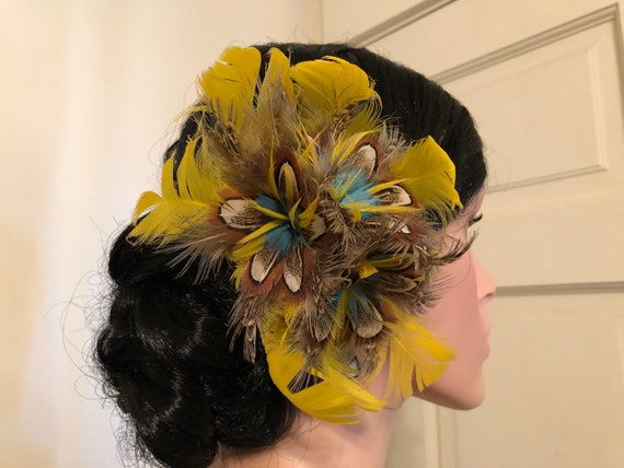Pheasant Feather Hair Clip with Flowers Bronze Peacock Pheasant Feather Hair Clip | Burnt Orange  main image 3