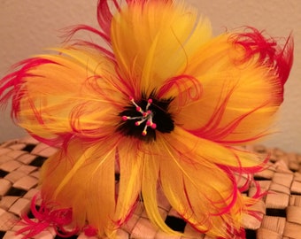 Exotic Red & Yellow Hibiscus Feather Flower Ear Pick,Monarchy Jewels,Feather Flowers,Flower Hair Picks,Hawaiian Wear,Monarchy Wear,Hula Girl