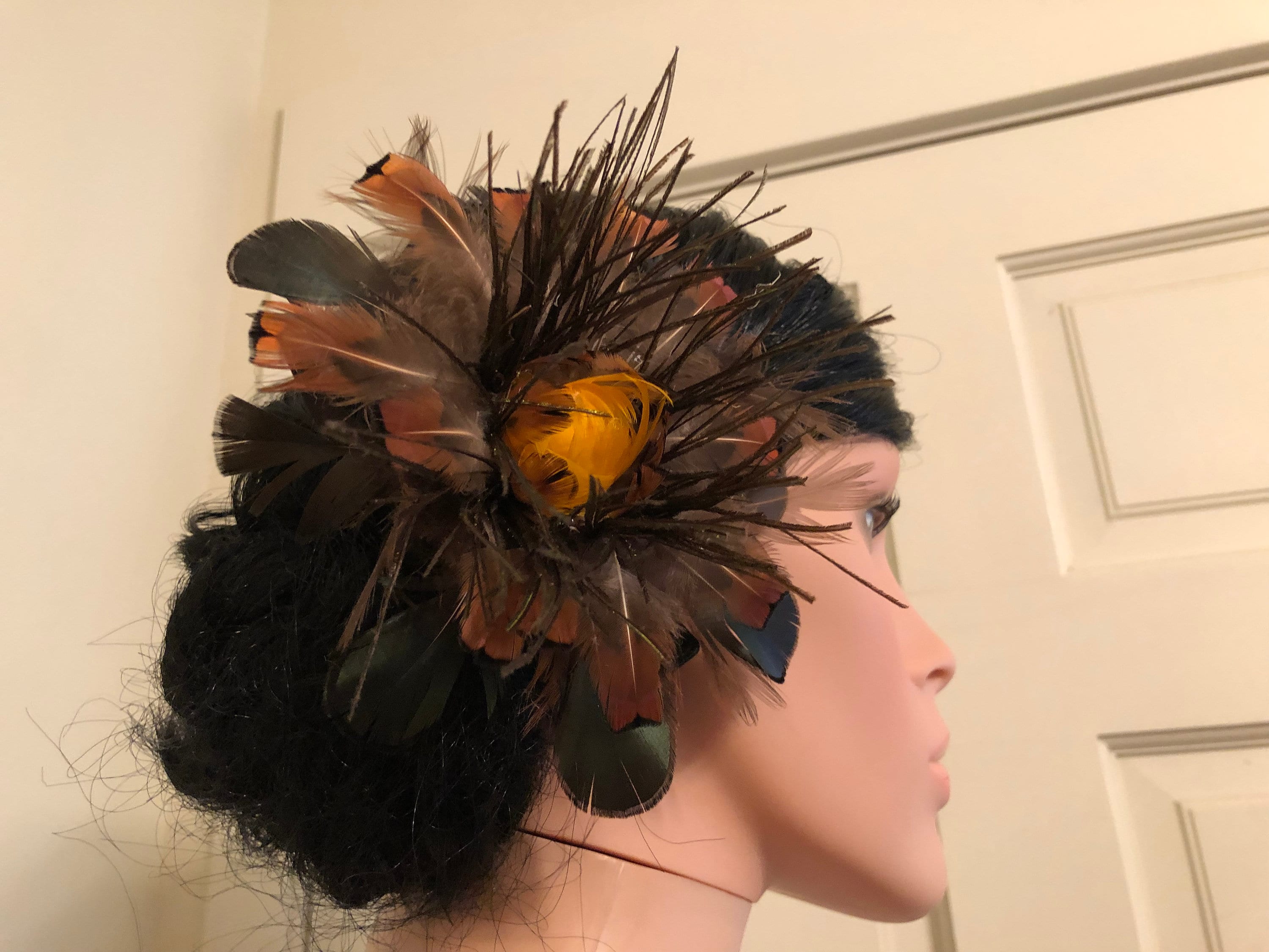 Pheasant Feather Hair Clip with Flowers Bronze Peacock Pheasant Feather Hair Clip | Burnt Orange  main image 2
